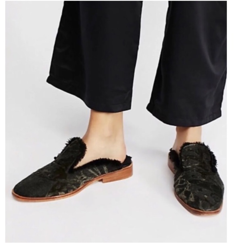 Free People Dark Olive Velvet Fur-Trim Slip-On Mules